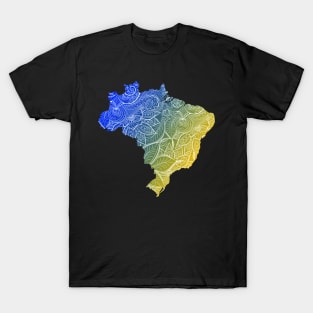 Colorful mandala art map of Brazil with text in blue and yellow T-Shirt